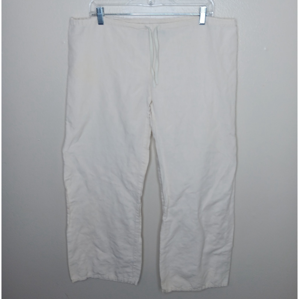 ROXY Women's Large Pants Ivory Linen Ocean Wide Leg Coastal Lagenlook Beach